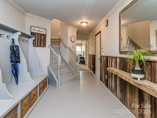 2125 Belle Vernon Ave, Charlotte, NC 28210 - mudroom featuring crown molding and a wainscoted wall