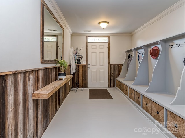 2125 Belle Vernon Ave, Charlotte, NC 28210 - mudroom featuring ornamental molding and a wainscoted wall