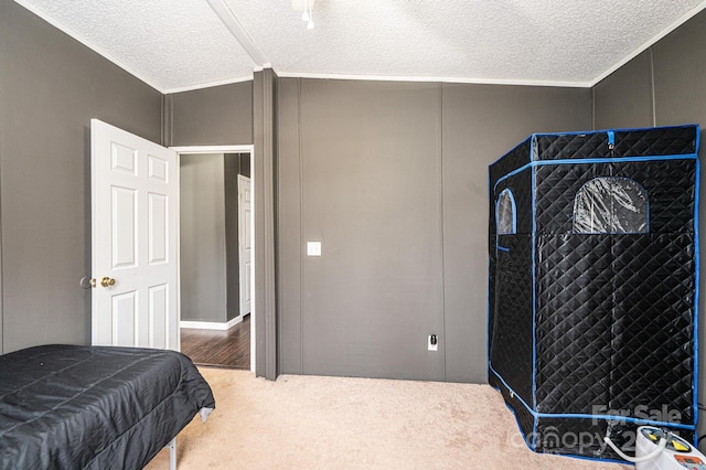 carpeted bedroom with a textured ceiling