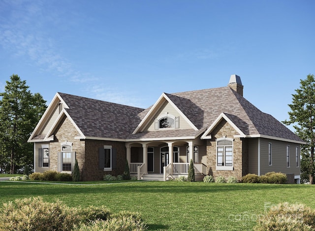 844 Settlers Trl, Mars Hill, NC 28754 - view of front facade featuring stone siding, a porch, a front lawn, and a chimney