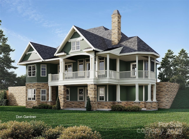 926 Settlers Trl, Mars Hill, NC 28754 - view of front facade with a balcony, stone siding, and a front yard