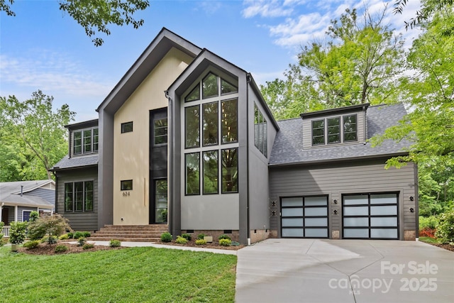624 Heather Ln, Charlotte, NC 28209 - view of front of house featuring crawl space, concrete driveway, a front yard, roof with shingles, and a garage