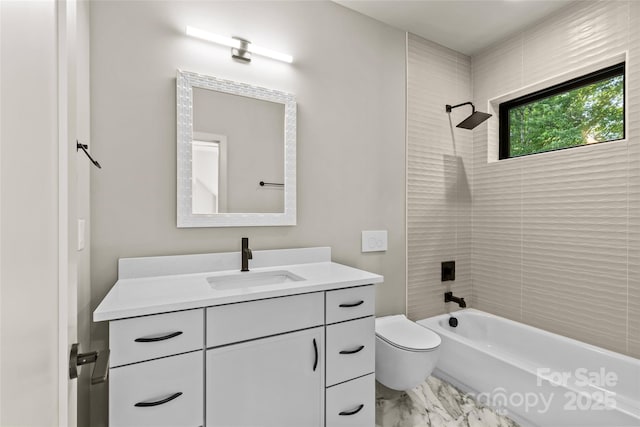 624 Heather Ln, Charlotte, NC 28209 - bathroom with marble finish flooring, vanity, shower / bath combination, and toilet
