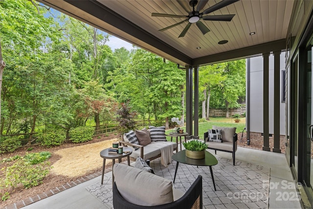 624 Heather Ln, Charlotte, NC 28209 - view of patio featuring a ceiling fan, a fenced backyard, and an outdoor hangout area