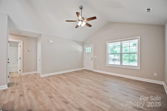 unfurnished living room with a ceiling fan, visible vents, lofted ceiling, and light wood-type flooring