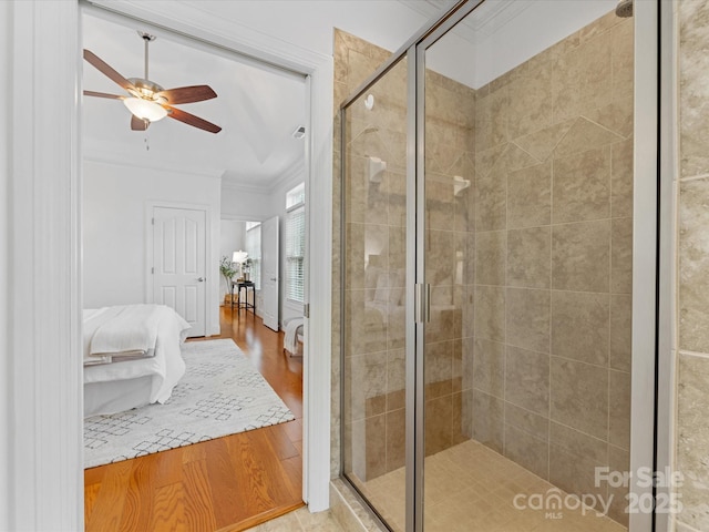 140 Villa Lake Dr, Fort Mill, SC 29708 - ensuite bathroom with ornamental molding, a stall shower, ceiling fan, and wood finished floors