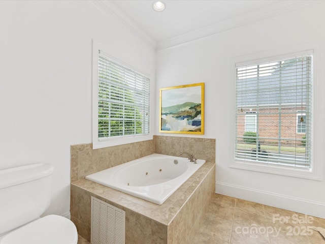 140 Villa Lake Dr, Fort Mill, SC 29708 - full bath with toilet, crown molding, a tub with jets, tile patterned floors, and baseboards