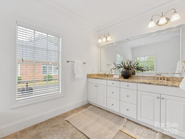 140 Villa Lake Dr, Fort Mill, SC 29708 - full bathroom with crown molding, baseboards, double vanity, and tile patterned floors