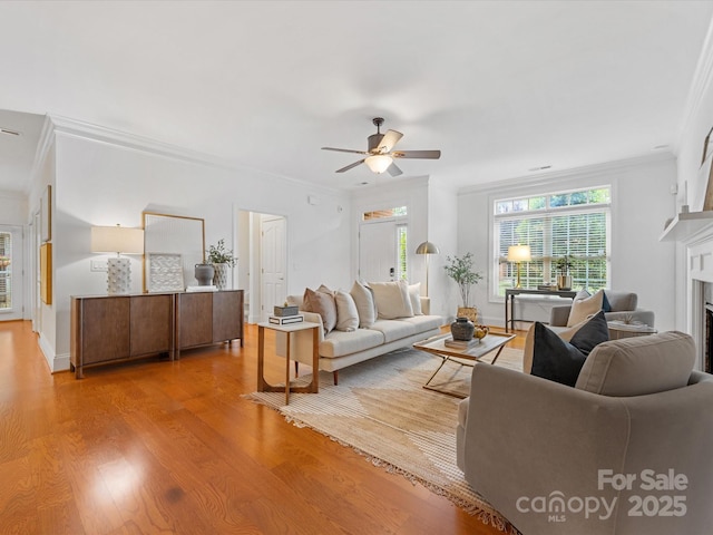 140 Villa Lake Dr, Fort Mill, SC 29708 - living area featuring ornamental molding, light wood-style floors, a ceiling fan, and a fireplace