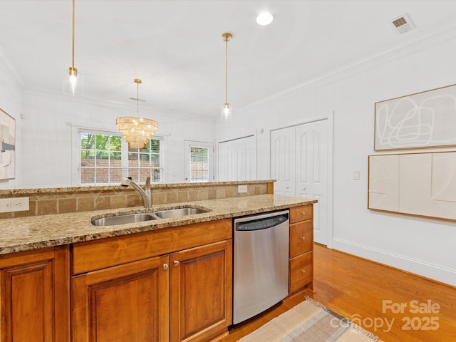 140 Villa Lake Dr, Fort Mill, SC 29708 - kitchen featuring dishwasher, a sink, brown cabinetry, crown molding, and light wood finished floors