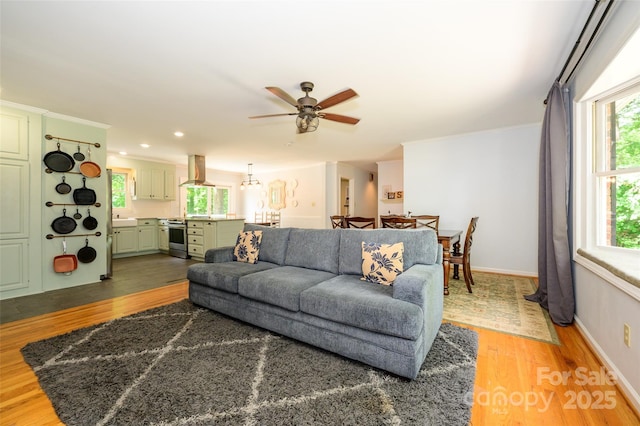 13030 Mayes Rd, Huntersville, NC 28078 - living area with ceiling fan, baseboards, a healthy amount of sunlight, and wood finished floors