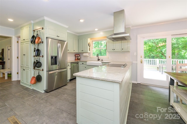 13030 Mayes Rd, Huntersville, NC 28078 - kitchen with crown molding, a sink, appliances with stainless steel finishes, and extractor fan