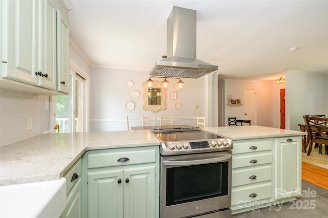 13030 Mayes Rd, Huntersville, NC 28078 - kitchen featuring stainless steel range with electric stovetop, island exhaust hood, green cabinetry, a peninsula, and light stone countertops