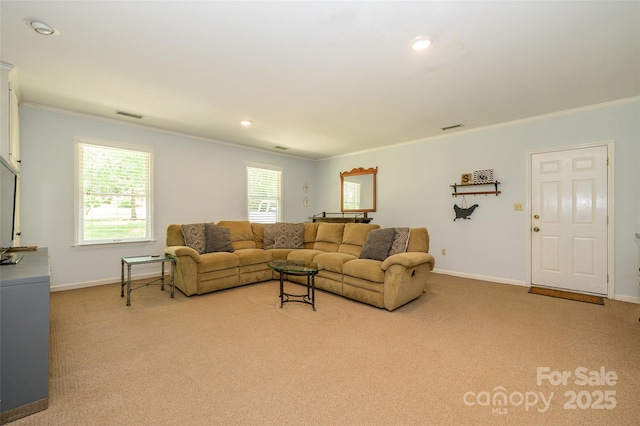 13030 Mayes Rd, Huntersville, NC 28078 - carpeted living room featuring ornamental molding, baseboards, and recessed lighting