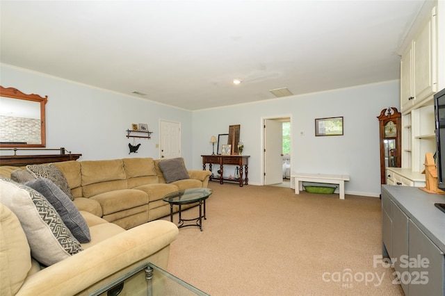 13030 Mayes Rd, Huntersville, NC 28078 - living room with ornamental molding, light carpet, and baseboards