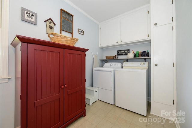 13030 Mayes Rd, Huntersville, NC 28078 - laundry room featuring cabinet space, crown molding, and washer and dryer