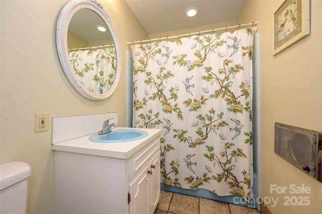 13030 Mayes Rd, Huntersville, NC 28078 - bathroom with toilet, vanity, recessed lighting, tile patterned flooring, and a shower with shower curtain