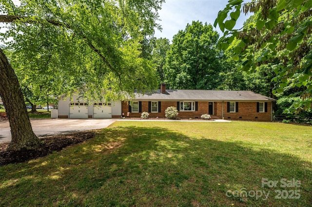 13030 Mayes Rd, Huntersville, NC 28078 - ranch-style home with a chimney, an attached garage, crawl space, concrete driveway, and a front lawn