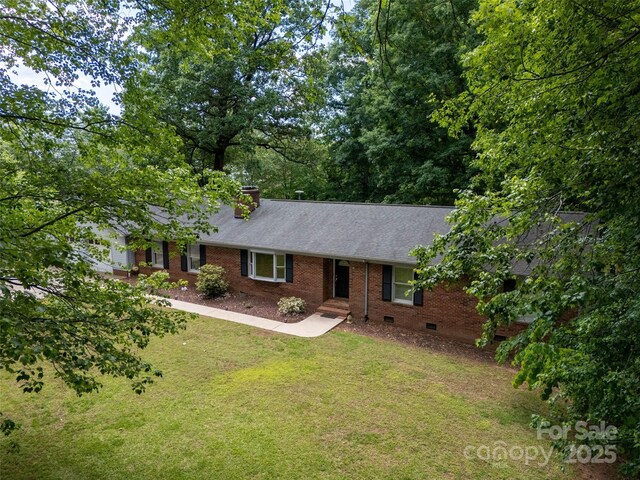 13030 Mayes Rd, Huntersville, NC 28078 - ranch-style house featuring crawl space, a front yard, brick siding, and a chimney