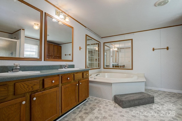 bathroom with visible vents, a sink, and ornamental molding