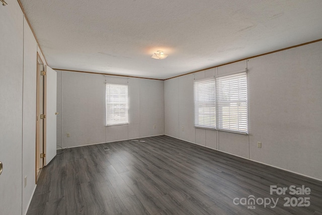 spare room featuring crown molding, a textured ceiling, and wood finished floors