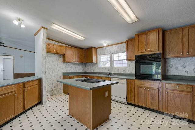 kitchen featuring brown cabinetry, wallpapered walls, light floors, vaulted ceiling, and black appliances