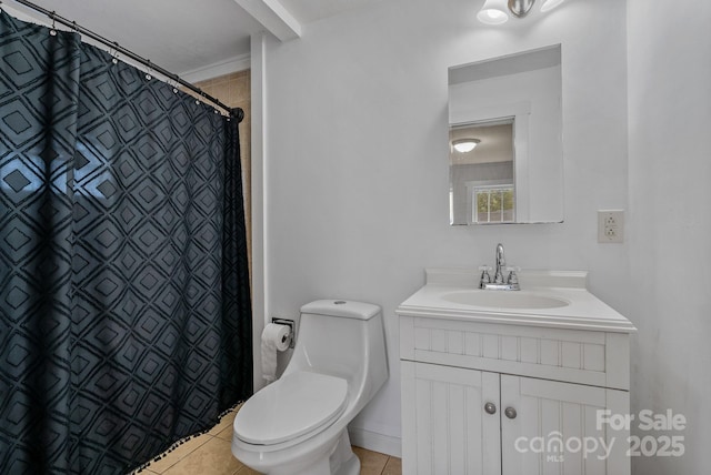 bathroom with toilet, vanity, tile patterned floors, and a shower with curtain