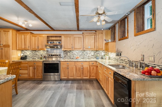 kitchen featuring under cabinet range hood, tasteful backsplash, a sink, dishwasher, and stainless steel range with electric cooktop