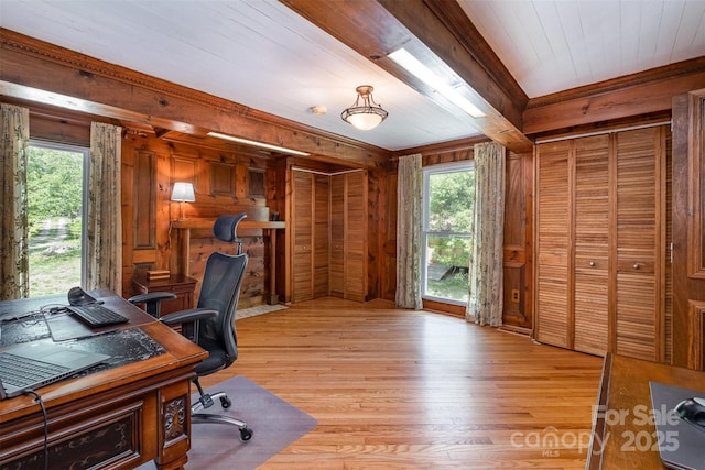 office area featuring wooden walls, wooden ceiling, and light wood-type flooring
