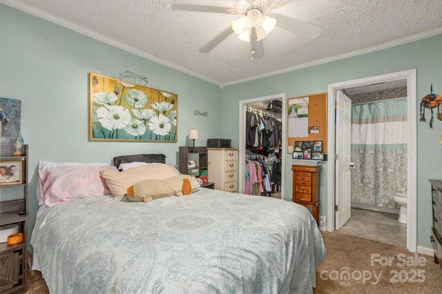 804 Rostan St SE, Valdese, NC 28690 - bedroom featuring carpet, a closet, a textured ceiling, ornamental molding, and ceiling fan