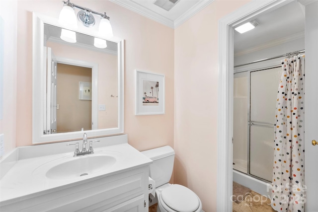 bathroom with visible vents, ornamental molding, toilet, and a shower stall