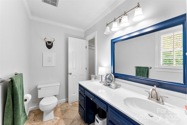 bathroom with visible vents, vanity, baseboards, toilet, and ornamental molding