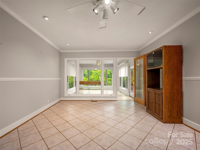empty room featuring ceiling fan, light tile patterned flooring, baseboards, ornamental molding, and recessed lighting