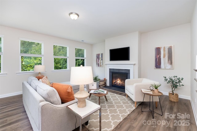 living room with wood finished floors, a fireplace with flush hearth, and baseboards