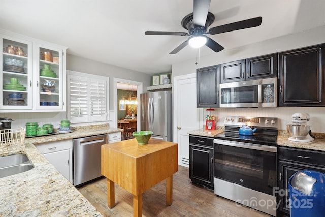 kitchen with light wood-style flooring, glass insert cabinets, dark cabinetry, ceiling fan, and stainless steel appliances