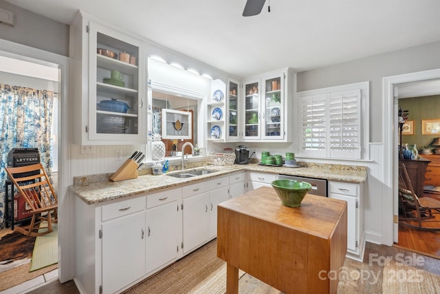 kitchen featuring glass insert cabinets, wainscoting, ceiling fan, a sink, and white cabinetry