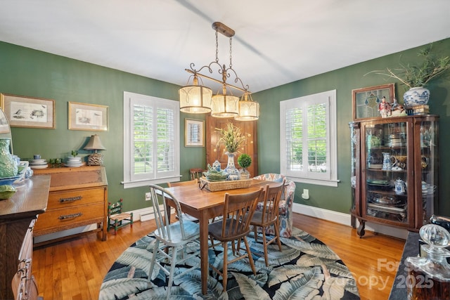 dining room featuring wood finished floors, baseboards, and a healthy amount of sunlight