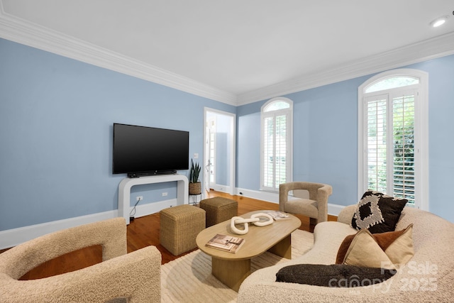 living area featuring baseboards, ornamental molding, and wood finished floors