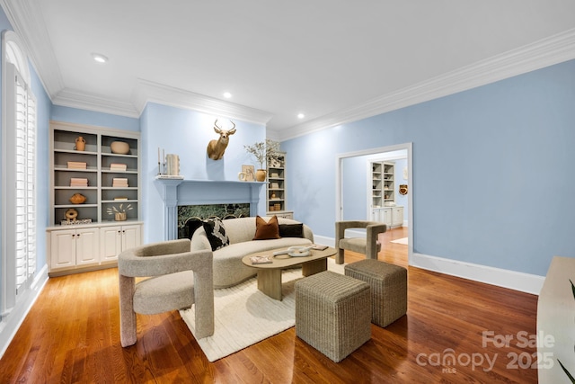 living area featuring a premium fireplace, baseboards, ornamental molding, and wood finished floors