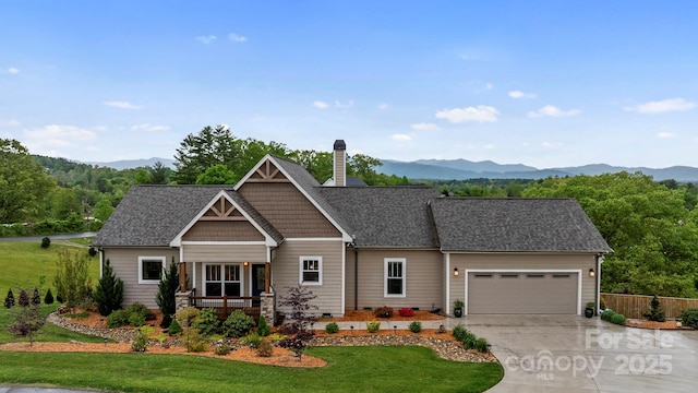 craftsman house with a garage, a porch, a front yard, a chimney, and driveway