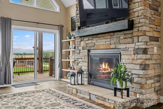 living area with wood finished floors, a wealth of natural light, and a fireplace
