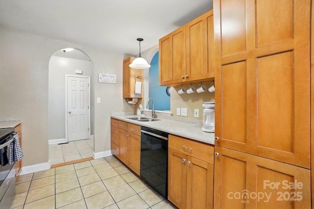 2745 Stockwood Dr, Gastonia, NC 28056 - kitchen with dishwasher, a sink, light tile patterned flooring, light countertops, and arched walkways