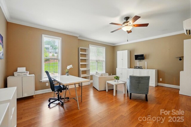 2745 Stockwood Dr, Gastonia, NC 28056 - office space with wood finished floors, ornamental molding, a ceiling fan, and baseboards