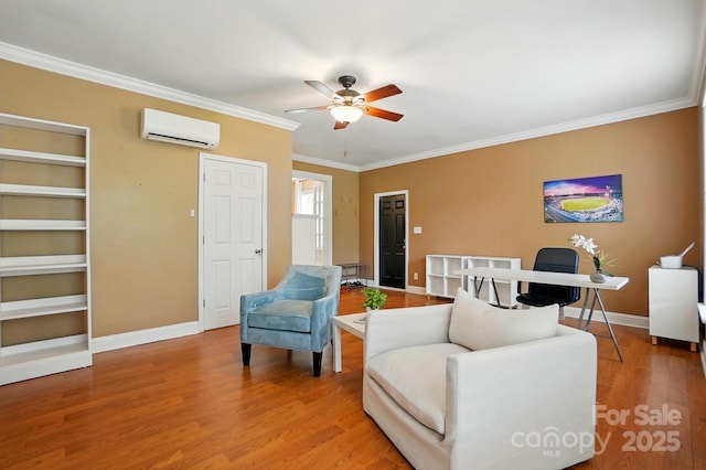 2745 Stockwood Dr, Gastonia, NC 28056 - living area featuring a wall mounted air conditioner, ceiling fan, wood finished floors, ornamental molding, and baseboards