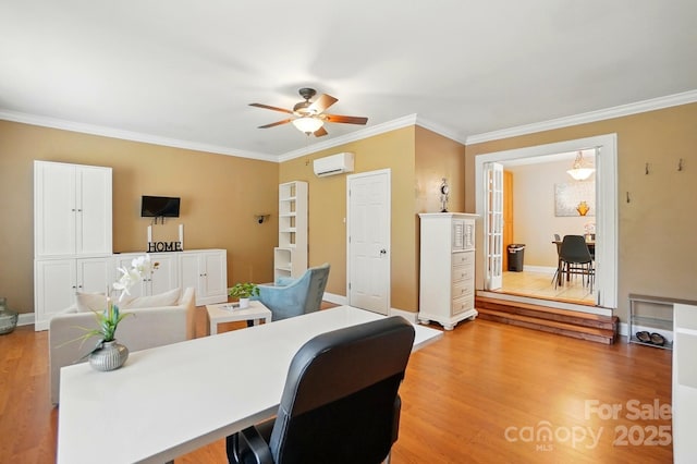 2745 Stockwood Dr, Gastonia, NC 28056 - office area featuring an AC wall unit, ceiling fan, crown molding, light wood finished floors, and baseboards