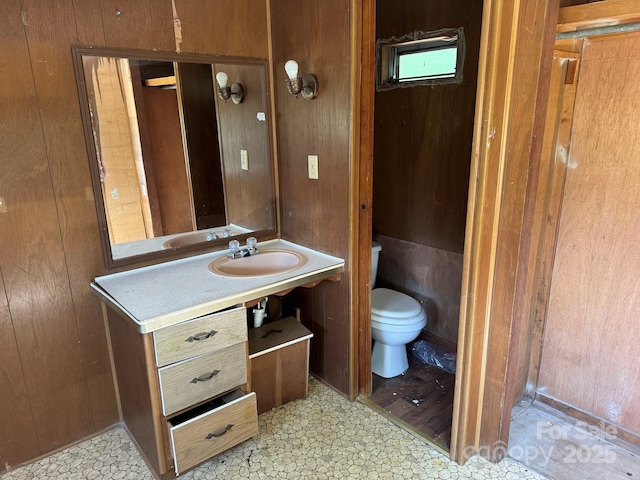 1029 Sullivan St, Wadesboro, NC 28170 - bathroom with toilet, wooden walls, and vanity