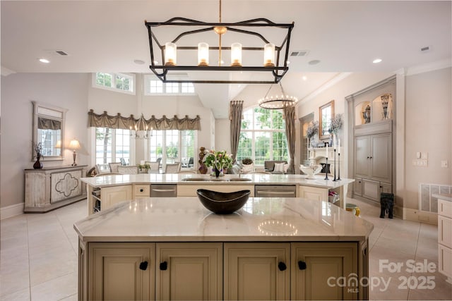 140 Lightship Dr, Mooresville, NC 28117 - kitchen with a large island, a sink, a chandelier, light tile patterned flooring, and recessed lighting