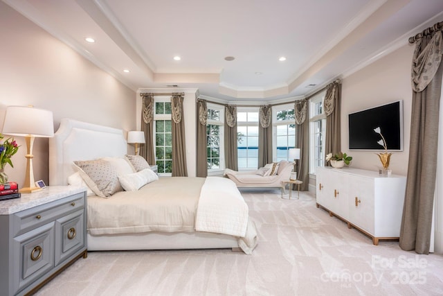 140 Lightship Dr, Mooresville, NC 28117 - bedroom featuring a tray ceiling, ornamental molding, light carpet, and recessed lighting