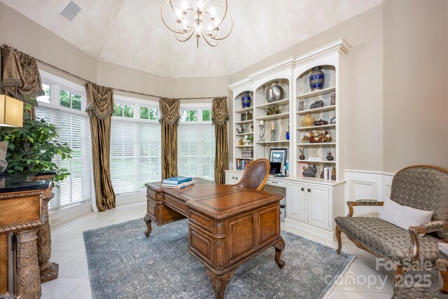140 Lightship Dr, Mooresville, NC 28117 - office space featuring a chandelier, light tile patterned flooring, wainscoting, and lofted ceiling