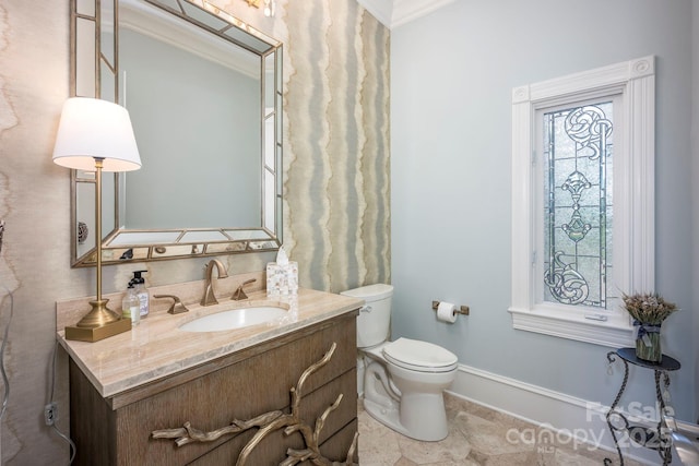 140 Lightship Dr, Mooresville, NC 28117 - half bathroom with toilet, vanity, baseboards, and ornamental molding